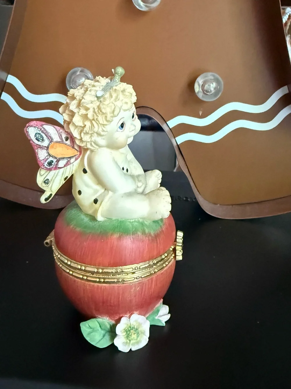 Vintage 1980’s Cherub Fairy Trinket Box on Red Apple - Decorative Home Accent